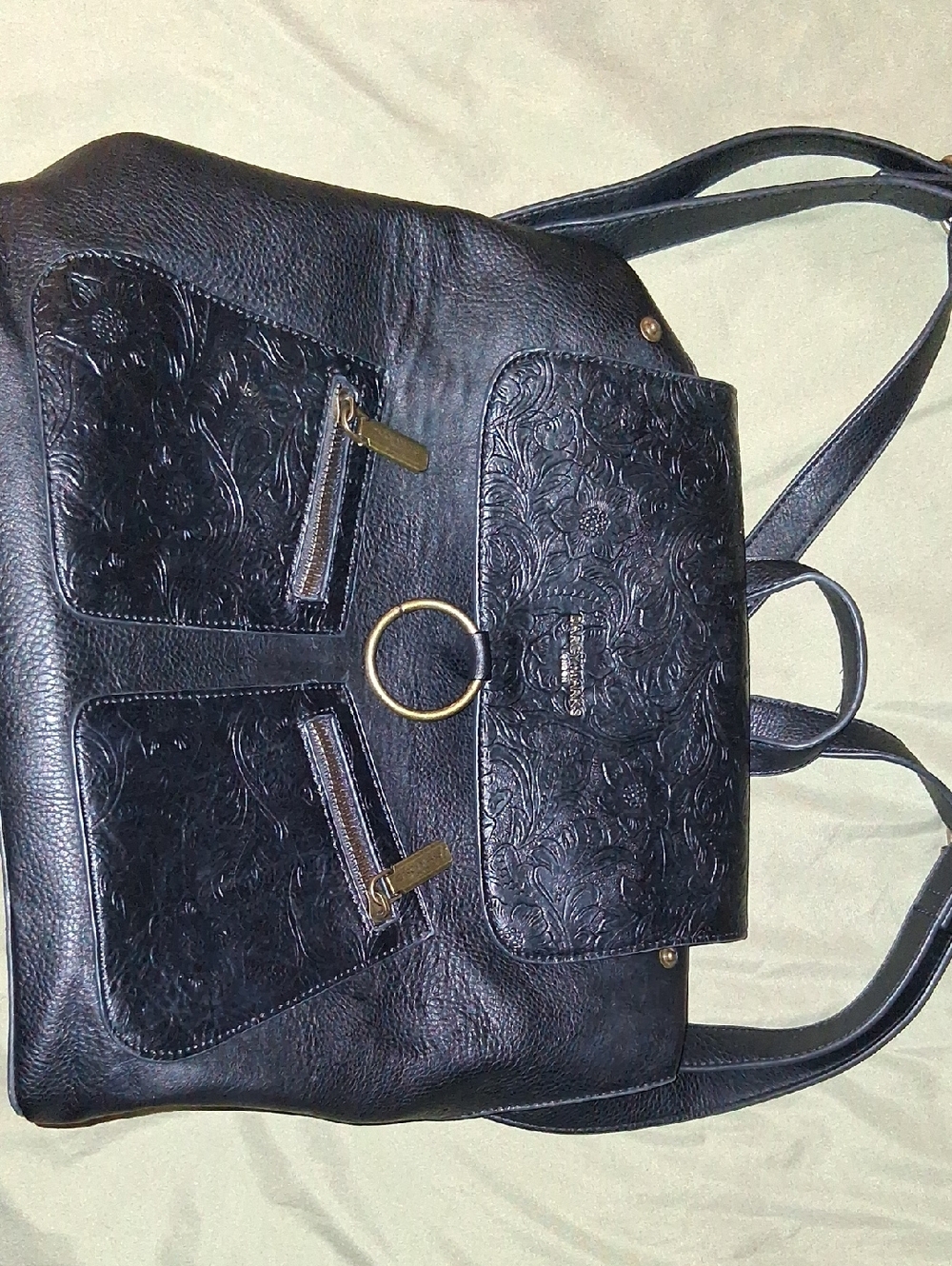 Women’s Black Floral-Embossed Backpack with Ring Accent